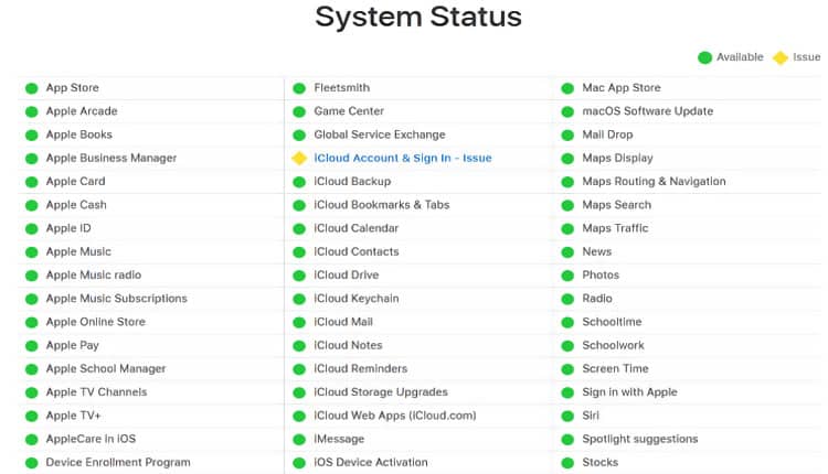 صفحة ويب حالة نظام Apple
